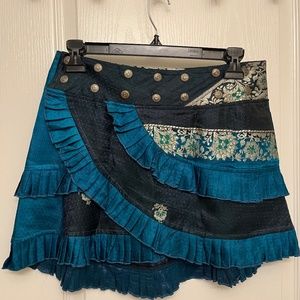 Barocco Tribal Short Ruffle Skirt/Saris. TEAL & BLACK